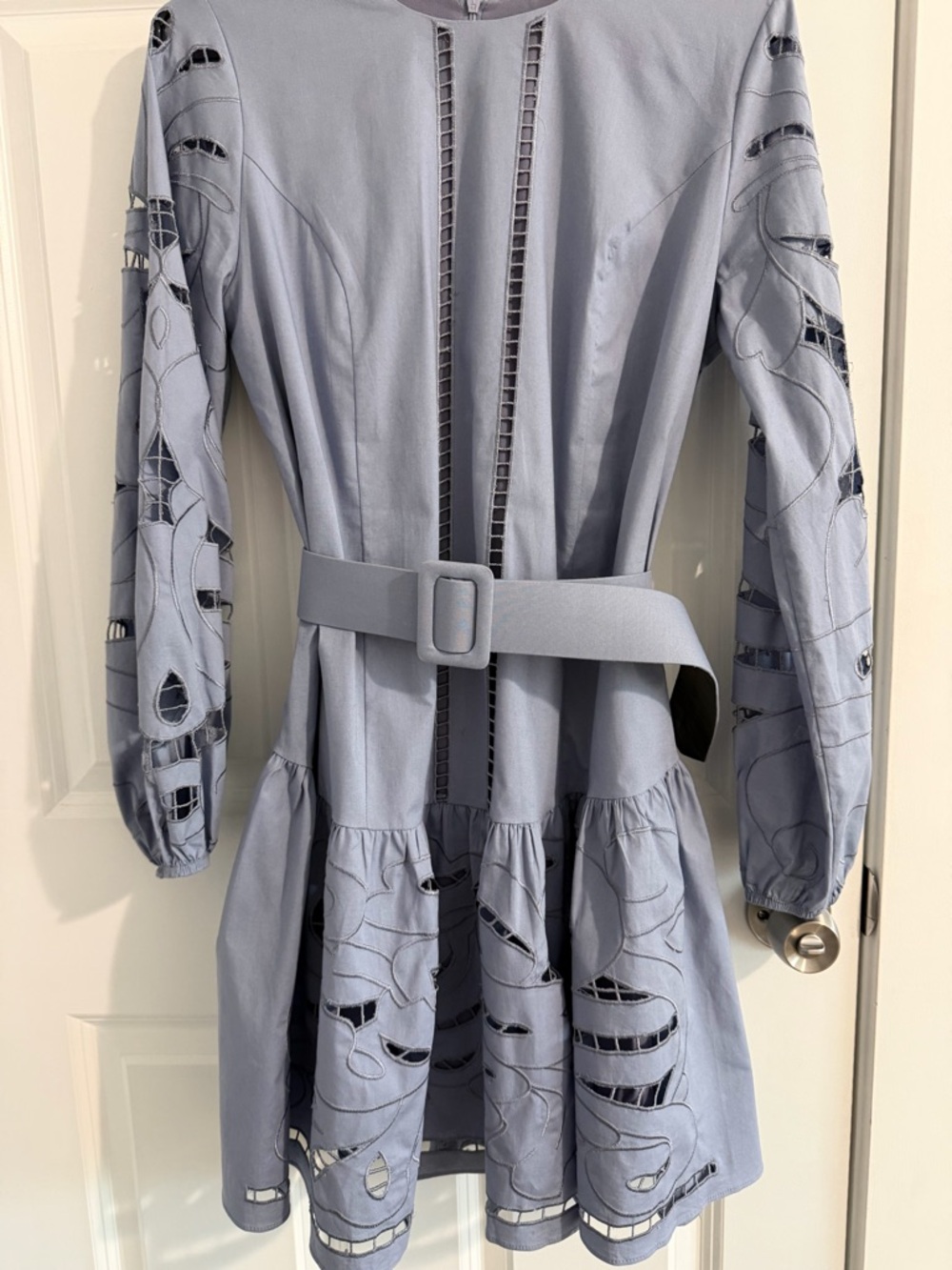 Kosmika Gray Cutwork Belted Mini Dress Floral Balloon Sleeve Size 38